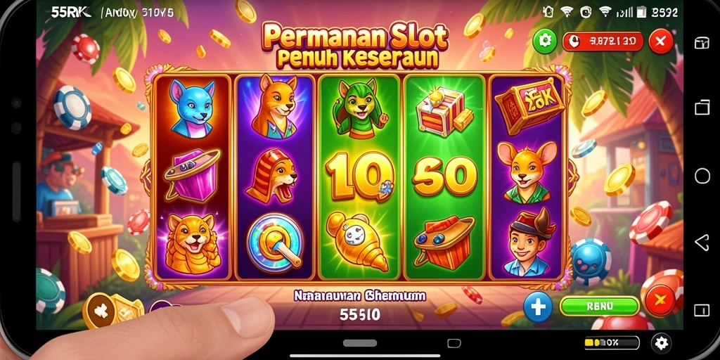 Screenshot gameplay 55RK menampilkan suasana slot yang seru dan penuh warna.