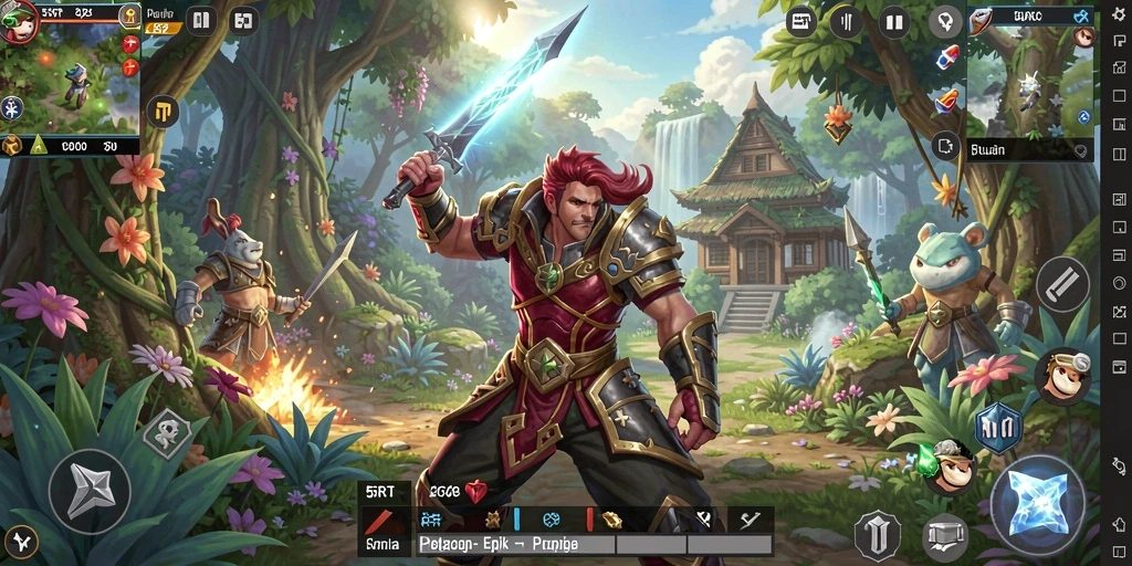 Screenshot menunjukkan karakter utama bertarung melawan monster di hutan.