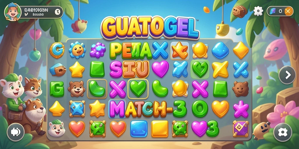 Tampilan gameplay seru dari GUATOGEL menunjukkan tantangan Match-3.