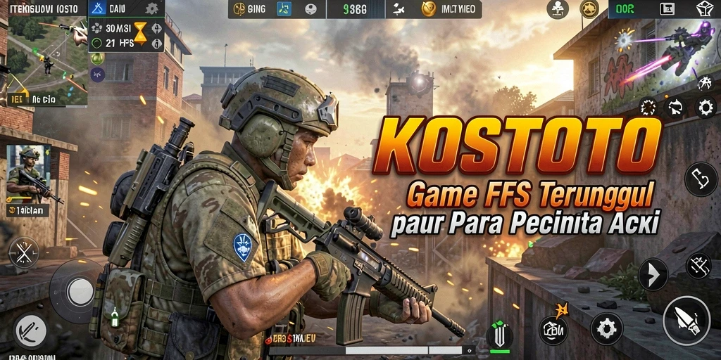 Screenshot KOSTOTO yang menampilkan aksi pertempuran intens di peta yang menakjubkan.
