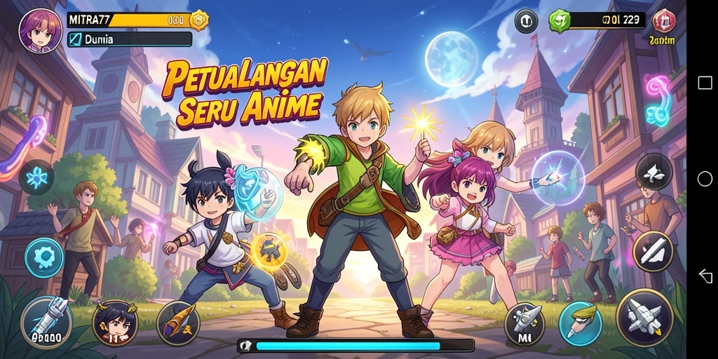 Screenshot gameplay dari MITRA77 yang menampilkan karakter anime ikonik.