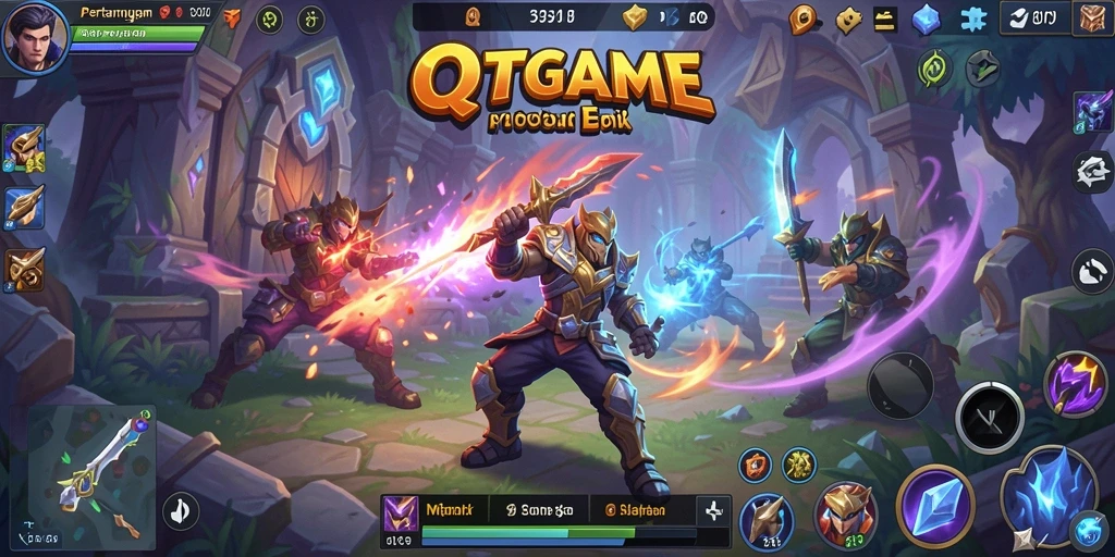 Tangkapan layar gameplay QTGAME yang menunjukkan aksi seru di arena.