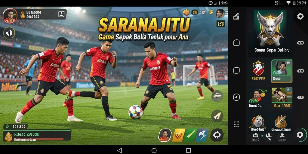 Tangkapan layar dari gameplay SARANAJITU dengan aksi sepak bola yang seru.