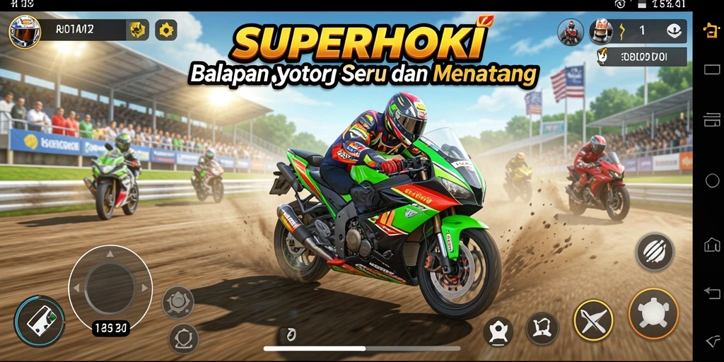 Tangkapan layar SUPERHOKI menampilkan aksi balapan motor yang seru.